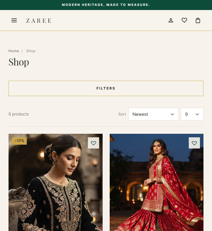 The Zaree demo storefront browsed at phone width — a shop page of embroidered outfits with prices in rupees.